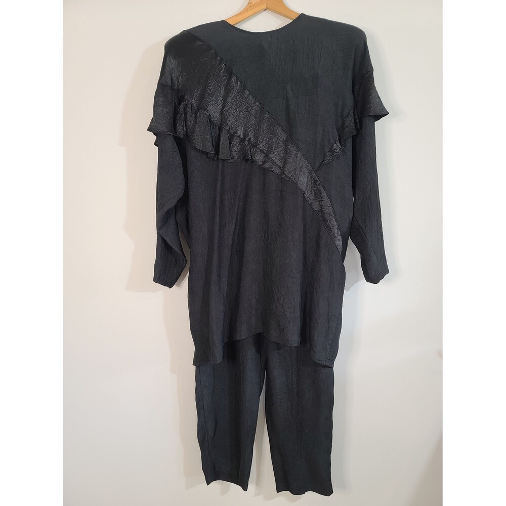 80s Vintage Choon California USA Acetate Black Two Piece Blouse and Pant Set